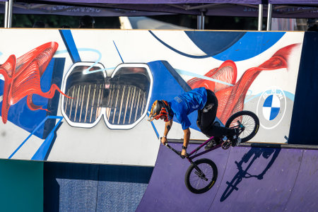 Munich, Germany - Aug 11, 2022: Riders compete at the BMX Freestyle European Championships at Olympiapark in Munich, Germany. Men's qualificationのeditorial素材
