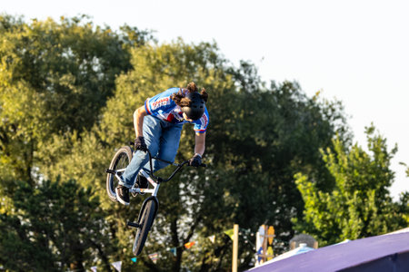 Munich, Germany - Aug 11, 2022: Riders compete at the BMX Freestyle European Championships at Olympiapark in Munich, Germany. Men's qualificationのeditorial素材