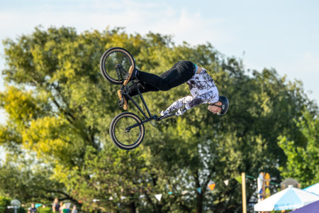 Munich, Germany - Aug 11, 2022: Riders compete at the BMX Freestyle European Championships at Olympiapark in Munich, Germany. Men's qualificationのeditorial素材