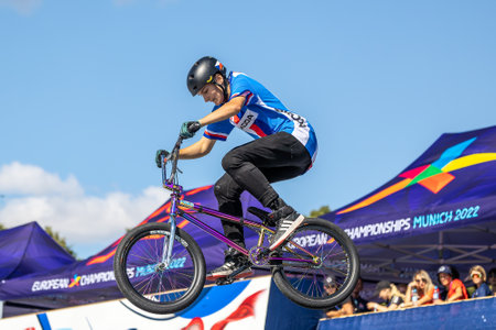 Munich, Germany - Aug 12, 2022: Riders compete at the BMX Freestyle European Championships at Olympiapark in Munich, Germany. Men's qualificationのeditorial素材