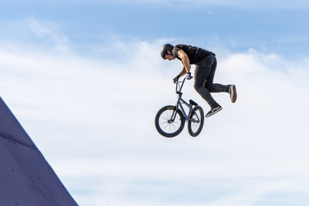 Munich, Germany - Aug 11, 2022: Riders compete at the BMX Freestyle European Championships at Olympiapark in Munich, Germany. Men's qualificationのeditorial素材