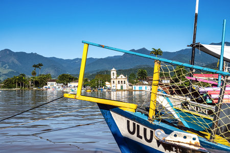 Beautiful Port of Paraty, Brazil with colorful tourist and fishing boats in the bay between Rio de Janeiro and Sao Paulo.の写真素材