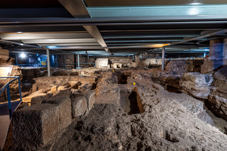 Merida, Spain - Oct 06, 2022: Crypt of Santa Eulalia. Ancient Paleochristian necropolis located under the Basilica of Santa Eulalia in Merida. Extremadura. Spain.のeditorial素材