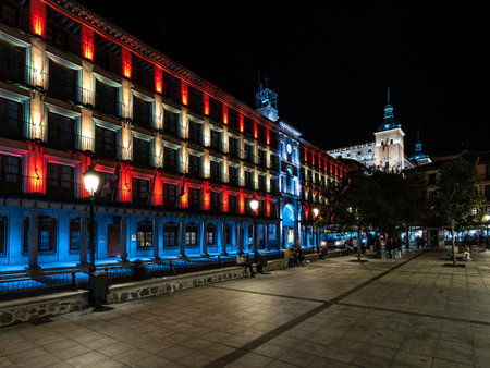 Toledo, Spain - Oct 08, 2022: The grand Central Government building at the Plaza Zocodover in Toledo at night, Castille La Mancha, Spain.のeditorial素材