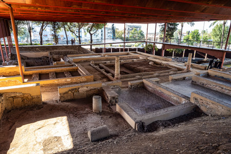 Merida, Spain - Oct 06, 2022: Casa del Mitreo House of the Archaeological Ensemble of Merida, Spain. The Archaeological Ensemble of Merida was declared a UNESCO World Heritage Site.のeditorial素材