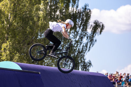 Munich, Germany - Aug 12, 2022: Riders compete at the BMX Freestyle European Championsships at Olympiapark in Munich, Germany. Men's qualifiacationのeditorial素材