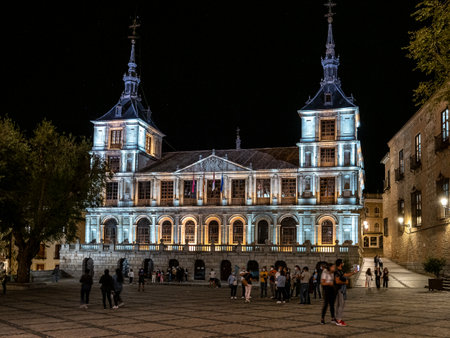 Toledo, Spain - Oct 08, 2022: City Hall Ayuntamiento de Toledo at night at Toledo Town Hall Square, Plaza del Ayuntamiento, Castile-La Mancha, Spainのeditorial素材
