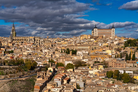 Toledo, Spain - Nov 30, 2022: Old city with its Alcazar, Royal Palace over the Tagus River sinuosity. Spain, Europeのeditorial素材