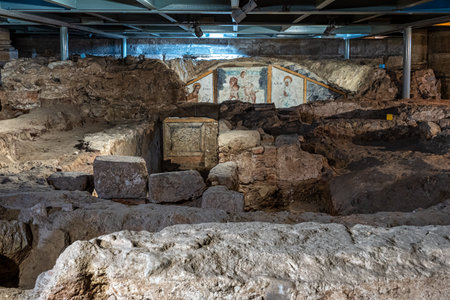 Merida, Spain - Oct 06, 2022: Crypt of Santa Eulalia. Ancient Paleochristian necropolis located under the Basilica of Santa Eulalia in Merida. Extremadura. Spain.のeditorial素材
