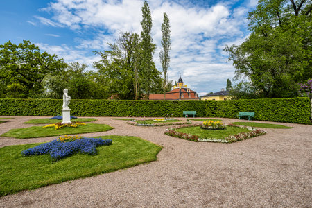 Weimar, Germany - May 12, 2023: Russian garden in Castle Belvedere near Weimar Thuringia Germany. It is a elegant summer residence dating from 18th century. View from the Castle park.のeditorial素材