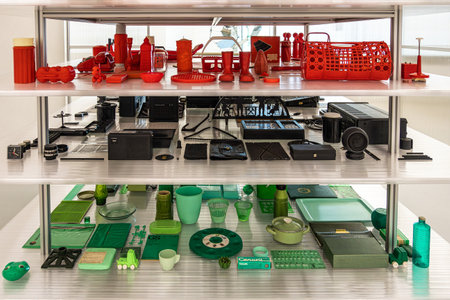 Weimar, Germany - May 11, 2023: Interior of the Bauhaus Museum in Weimar in Germany. With Bauhaus designer everyday objects.のeditorial素材