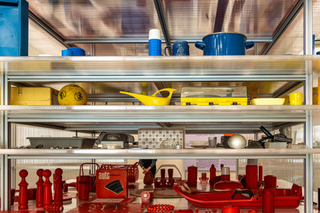 Weimar, Germany - May 11, 2023: Interior of the Bauhaus Museum in Weimar in Germany. With Bauhaus designer everyday objects.のeditorial素材