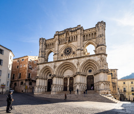 Cuenca, Spain - Oct 18, 2022: Front view of the facade of the medieval cathedral in gothic style at Cuenca in Castilla La Mancha, Spain.のeditorial素材