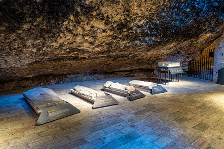 Jaca, Spain - Oct 25, 2022: The Royal Monastery Of San Juan De La Pena near Jaca. Huesca, Aragon. Spain. San Juan de la Pena Monastery with some romanesque ancient artのeditorial素材