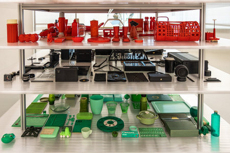 Weimar, Germany - May 11, 2023: Interior of the Bauhaus Museum in Weimar in Germany. With Bauhaus designer everyday objects.のeditorial素材