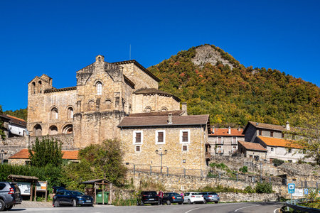 Siresa, Spain - Oct 23, 2022: Saint Peter, San Pedro Siresa romanesque monastery church in Siresa village, Huesca province, Aragon, Spainのeditorial素材