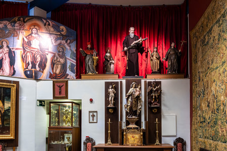 Burgos, Spain - Jun 17, 2023: Inside the catholic church of San Nicolas de Bari in Burgos, Spain, located next to the Camino de Santiago, behind the Cathedralのeditorial素材