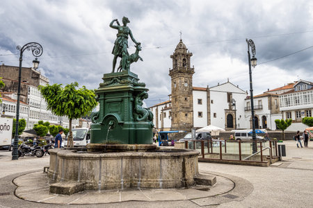 Betanzos, Spain - Jun 21, 2023: Diana Cazadora fountain, in the Hermanos Garcia Naveira square at Betanzos, Coruna, Galicia, Spainのeditorial素材