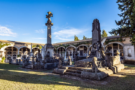 Jaca, Spain - Oct 25, 2022: Detail on the christian graveyard with marble tombs and crosses in Jaca, Spain. Cementerio Municipal de Jacaのeditorial素材