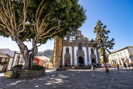 Gran Canaria, Spain - Feb 17, 2023: Main square of beautiful historic town Teror with cathedral church Basilica de Nuestra Senora del Pino at Gran Canaria, Canary islands, Spainのeditorial素材
