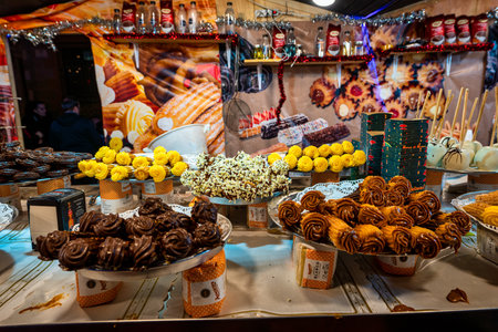 Toledo, Spain - Nov 30, 2022: illuminated Christmas market in Cathedral street, Toledo, Spain. Christmas night illuminationのeditorial素材