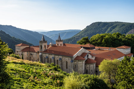 Nogueira, Spain - Jul 04, 2023: The romanesque gothic monastery of Santo Estevo de Ribas de Sil, now a National Parador at Nogueira de Ramuin, Galicia in Spainのeditorial素材