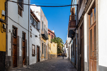 Las Palmas, Spain - Feb 22, 2023: Small pedestrian cobblestone street with colorful facades of houses in old district Vegueta. Las Palmas, Gran Canaria, Spainのeditorial素材