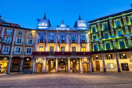 Burgos, Spain - Jun 17, 2023: Historic town hall building on the Plaza Mayor square in Burgos, Spain in Europe at nightのeditorial素材