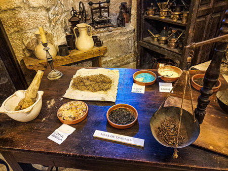Oseira, Spain - Jul 02, 2023: Interior of the monastery of Oseira at Ourense, Galicia, Spain. Monasterio de Santa Maria la Real de Oseira. Trappist monastery. Arched buildings and fountain.のeditorial素材