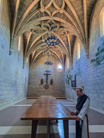 Oseira, Spain - Jul 02, 2023: Interior of the monastery of Oseira at Ourense, Galicia, Spain. Monasterio de Santa Maria la Real de Oseira. Trappist monastery. Arched buildings and fountain.のeditorial素材