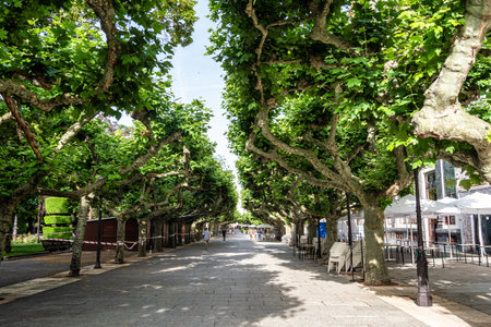 Burgos, Spain - Jun 17, 2023: Street called Paseo del Espolon on the river bank in the city of...