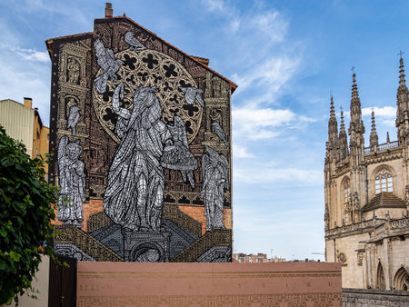 Burgos, Spain - Jun 17, 2023: Mural called Monkey Bird in Burgos, Castille and Leon, Spain. MonkeyBird paint monumental stencil tribute to Burgos Cathedralのeditorial素材