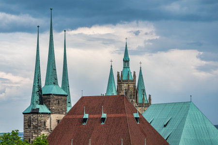 Erfurt Cathedral and Collegiate Church of St Mary, Erfurt, Germany. Martin Luther was ordained in the cathedral in 1507の写真素材
