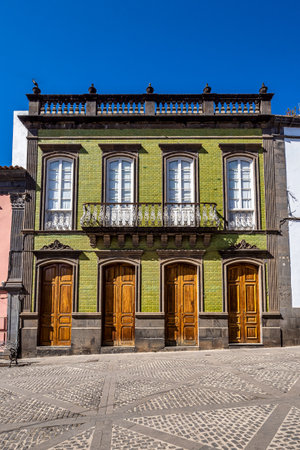 Gran Canaria, Spain - Feb 17, 2023: Teror at Gran Canaria, a beautiful traditional town with colorful houses with wooden balconies, Canary islands, Spainのeditorial素材
