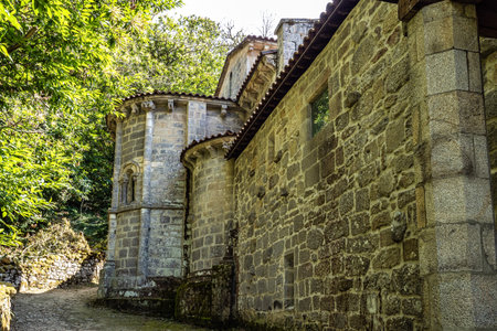 Nogueira, Spain - Jul 04, 2023: The romanesque gothic monastery of Santo Estevo de Ribas de Sil, now...