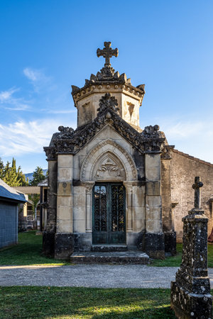 Jaca, Spain - Oct 25, 2022: Detail on the christian graveyard with marble tombs and crosses in Jaca, Spain. Cementerio Municipal de Jacaのeditorial素材