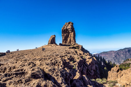 Gran Canaria, Spain - Feb 16, 2023: Landscape view at Roque Nublo mountain at Gran Canaria in Spain. Beautiful natural panorama.のeditorial素材