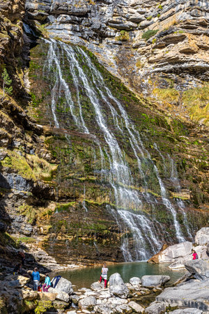 Torla, Spain - Oct 22, 2022: Autumn landscape view of beautiful nature in Ordesa and Monte Perdido National park, Pyrenees, Aragon in Spain.のeditorial素材