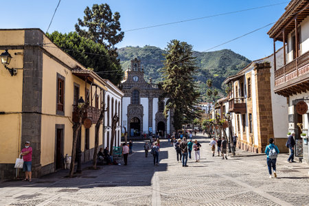 Gran Canaria, Spain - Feb 17, 2023: Teror at Gran Canaria, a beautiful traditional town with colorful houses with wooden balconies, Canary islands, Spainのeditorial素材