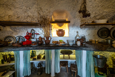 Gran Canaria, Spain - Feb 23, 2023: Interior of the caves in Museo Etnografico Casas Cuevas at Artenara, Gran Canaria, Spain in Europeのeditorial素材