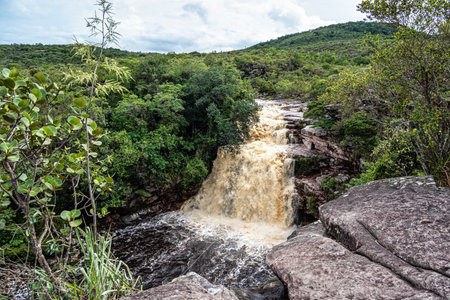 View of the river Mucugezinho with running water, forming a waterfall and Poco do Pato, in Chapada Diamantina, Bahia, Brazilの写真素材