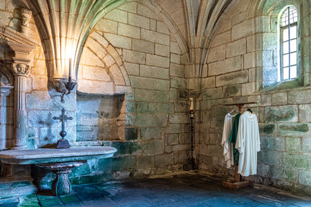 Oseira, Spain - Jul 02, 2023: Interior of the monastery of Oseira at Ourense, Galicia, Spain. Monastery of Santa Maria la Real de Oseira. Trappist monastery. Arched buildings and fountain.のeditorial素材