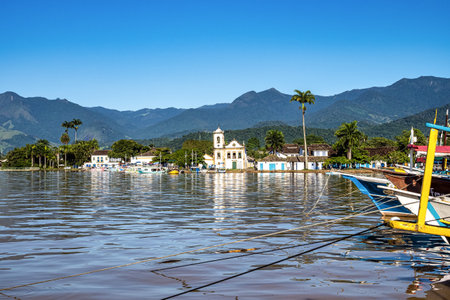 Beautiful Port of Paraty, Brazil with colorful tourist and fishing boats in the bay between Rio de Janeiro and Sao Paulo.の写真素材
