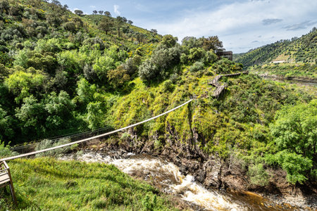 Suspension pedestrian bridge of the Barca da Amieira walkways in Amieira do Tejo in Portugal.