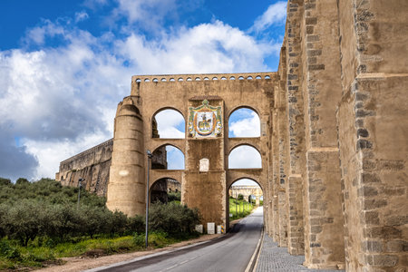 The Amoreira Aqueduct in the city of Elvas in Alentejo in Portugal.の写真素材