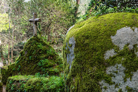 Abandoned and empty medieval Convento dos Capuchos in the Serra de Sintra National Park in Portugalの写真素材