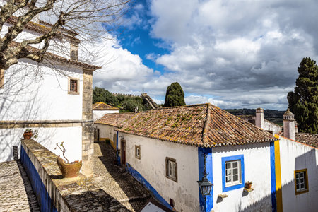 View of Obidos with renaissance Church of Saint Mary, Santa Maria at Obidos in Portugalの写真素材