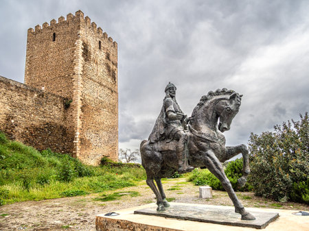 An equestrian statue of Ibn Qasi, the proclaimed political and spiritual leader of the Taifa kingdom of Mertola, with the keep tower of Mertola Castle on the background. Mertola. Portugalの写真素材