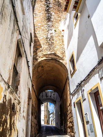 Typical Portuguese facades and cobblestone streets in Elvas, Portugal, Europeの写真素材