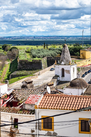 Typical Portuguese facades and cobblestone streets in Elvas, Portugal, Europeの写真素材